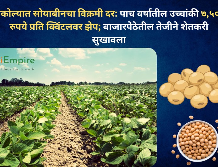 अकोल्यात सोयाबीनचा विक्रमी दर: पाच वर्षांतील उच्चांकी ७,५०० रुपये प्रति क्विंटलवर झेप; बाजारपेठेतील तेजीने शेतकरी सुखावला